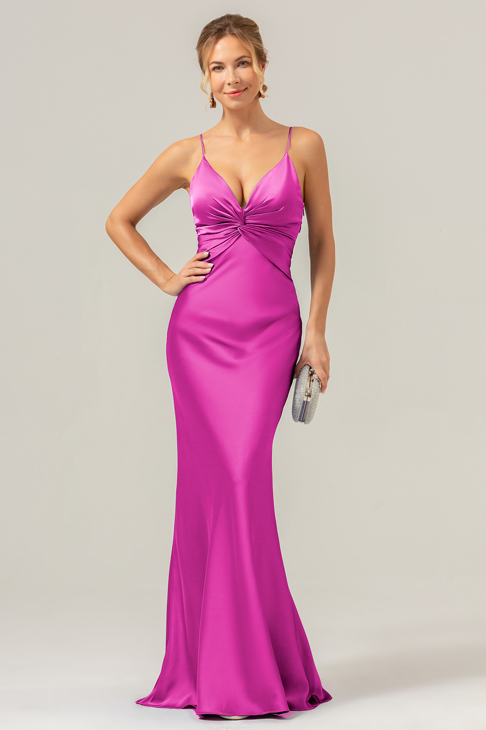 Purple Spaghetti Straps Twist Front Satin Mermaid Bridesmaid Dress