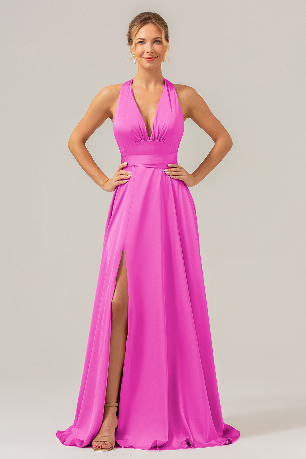 Pink A Line V-Neck Satin Lace Up Bridesmaid Dress with Slit