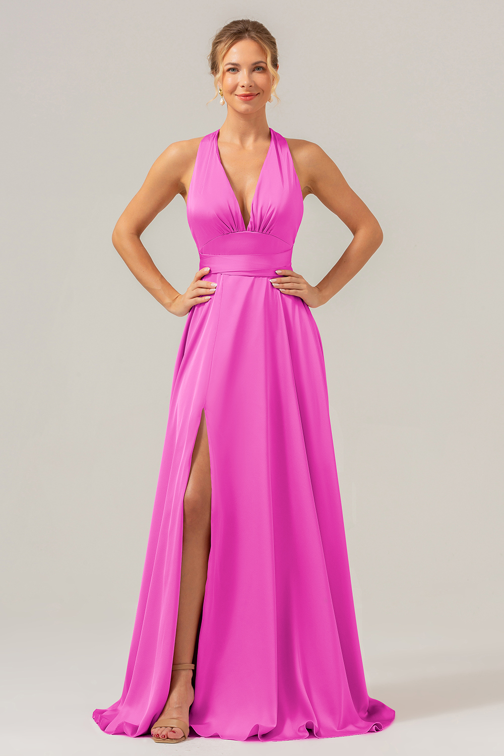 Pink A Line V-Neck Satin Lace Up Bridesmaid Dress with Slit