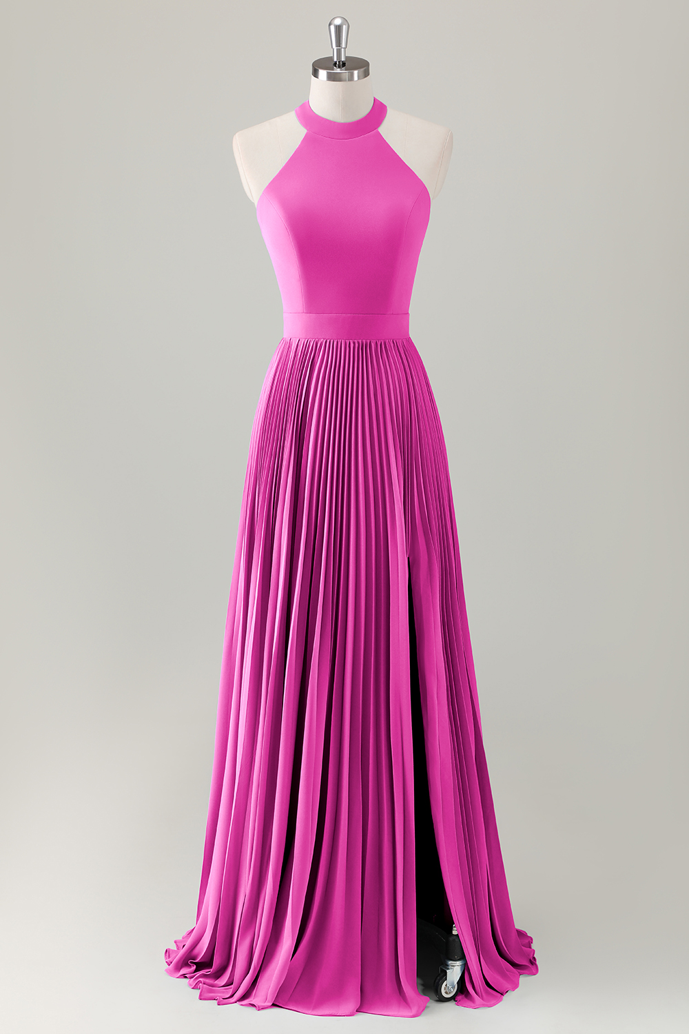 Grey Blue A-Line Halter Long Bridesmaid Dress with Slit