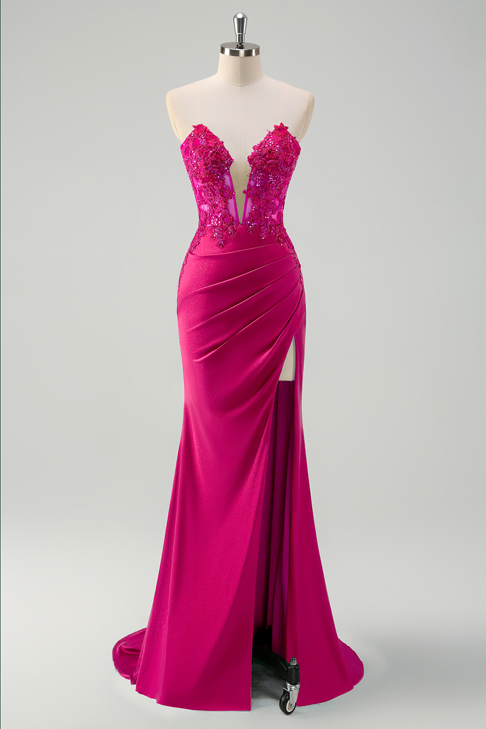 Leely Women Green Mermaid V-Neck Prom Dress Applique Sweetheart Party Dress with Slit