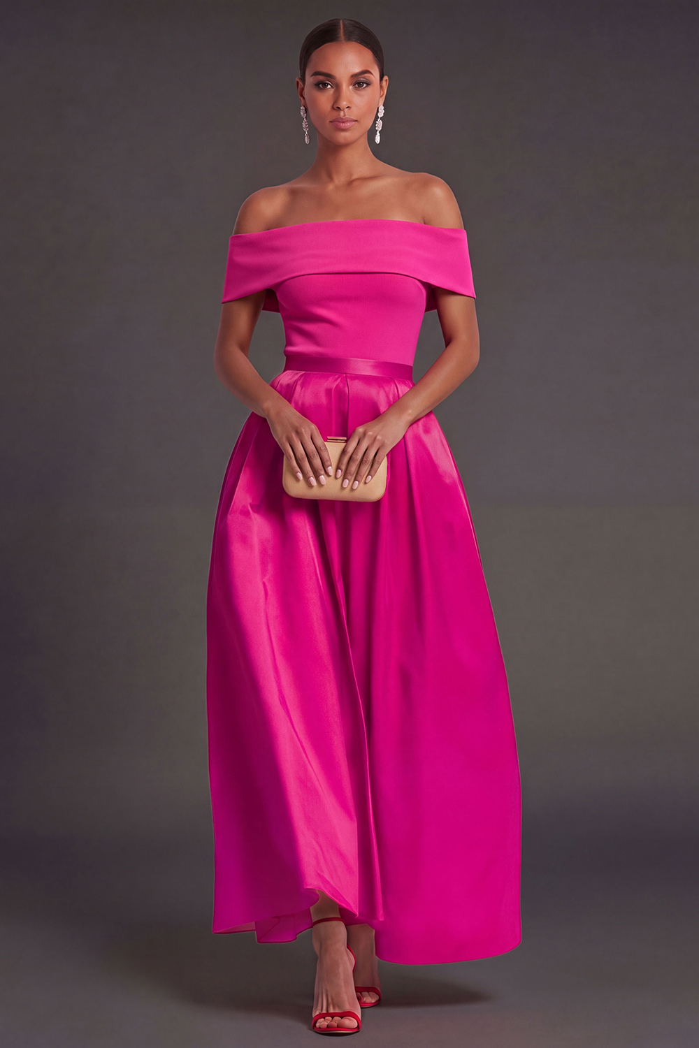 A Line Off the Shoulder Fuchsia and Red Backless Long Formal Dress