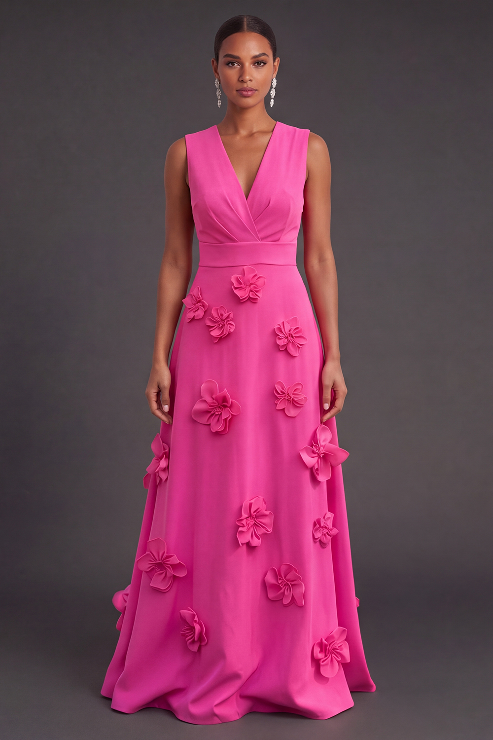 Leely Women Fuchsia Floral Long Black Tie Dress Ruched A Line V-Neck Fall Wedding Guest Dress