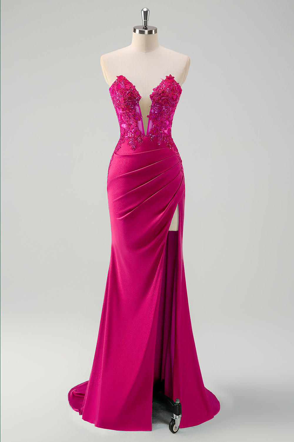 Green Mermaid Applique Strapless Ruched Prom Dress with Slit