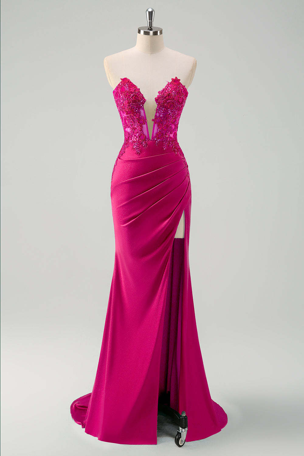 Green Mermaid Applique Strapless Ruched Prom Dress with Slit