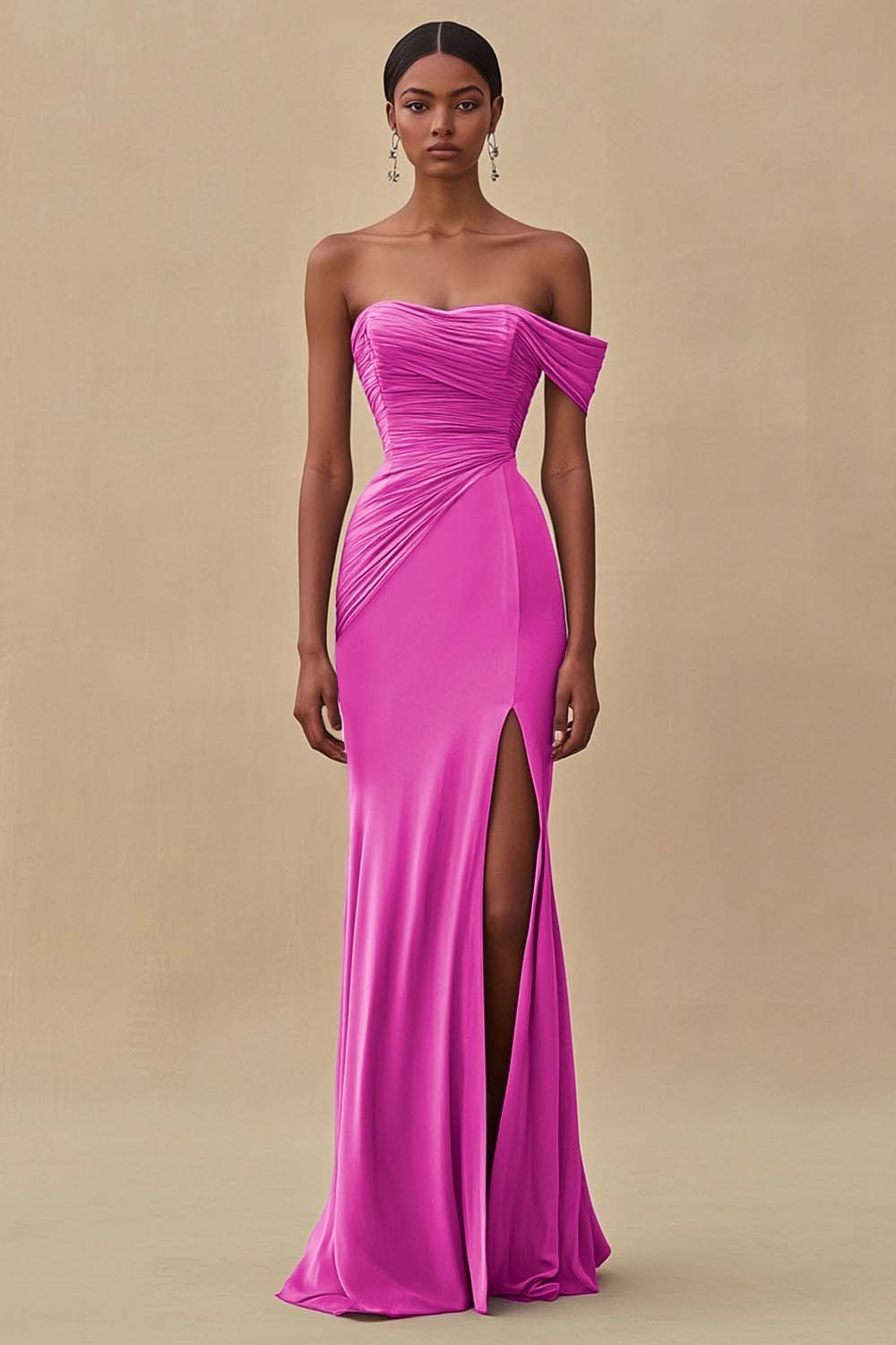 Chiffon Purple Ruched Sheath Formal Dress with Slit