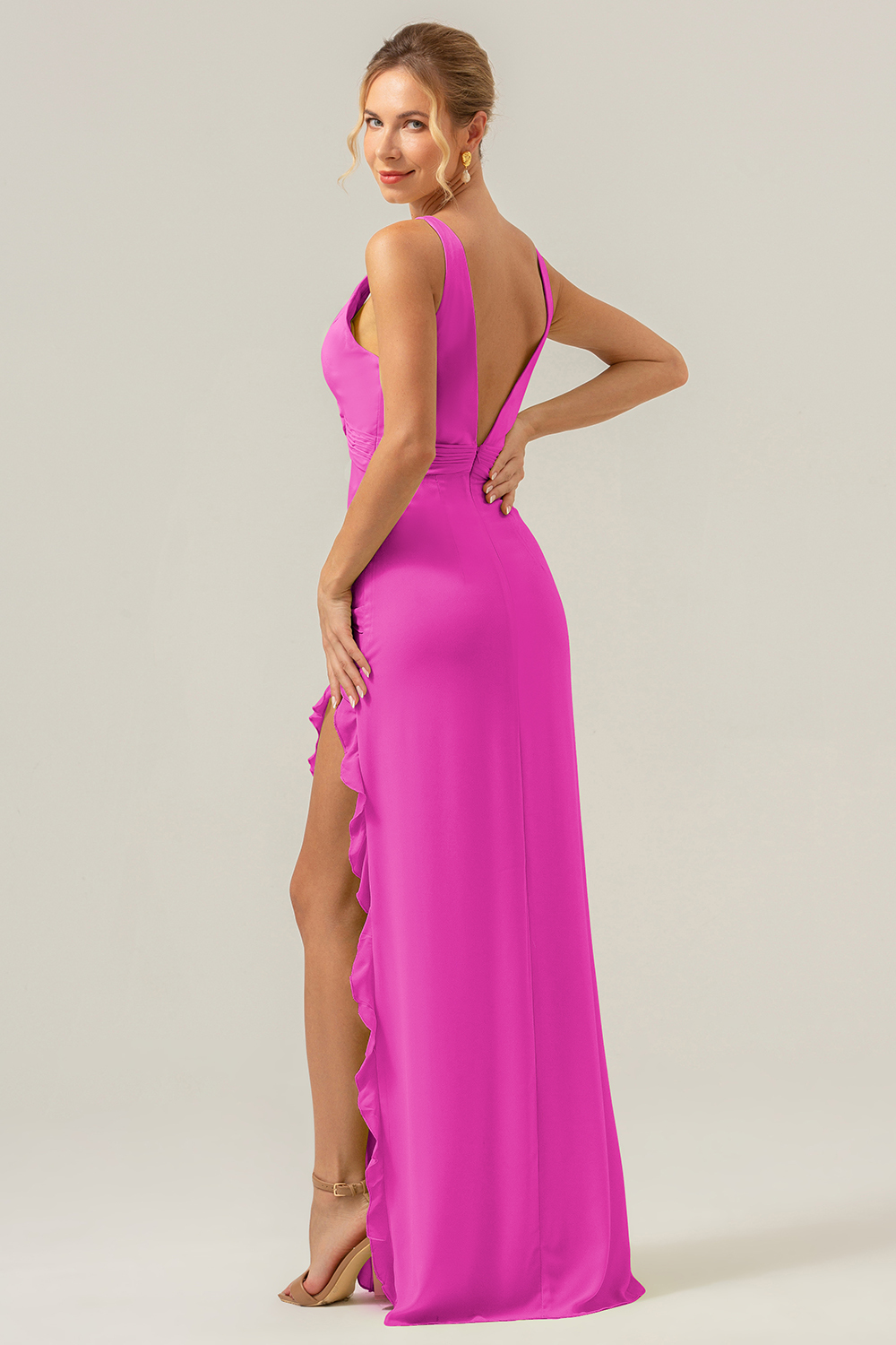 Lime V Neck Ruffled Sheath Bridesmaid Dress with Slit