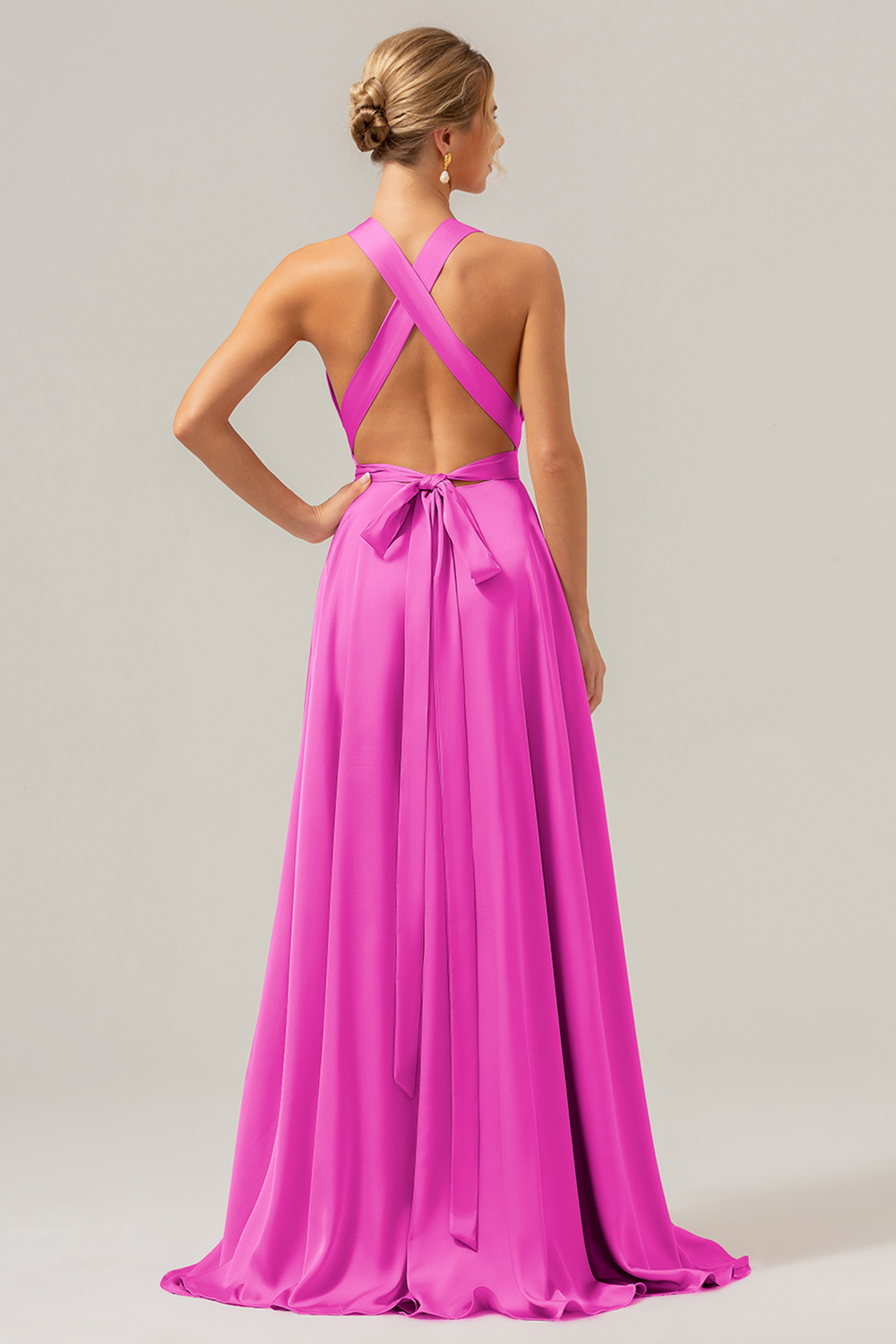 Pink A Line V-Neck Satin Lace Up Bridesmaid Dress with Slit
