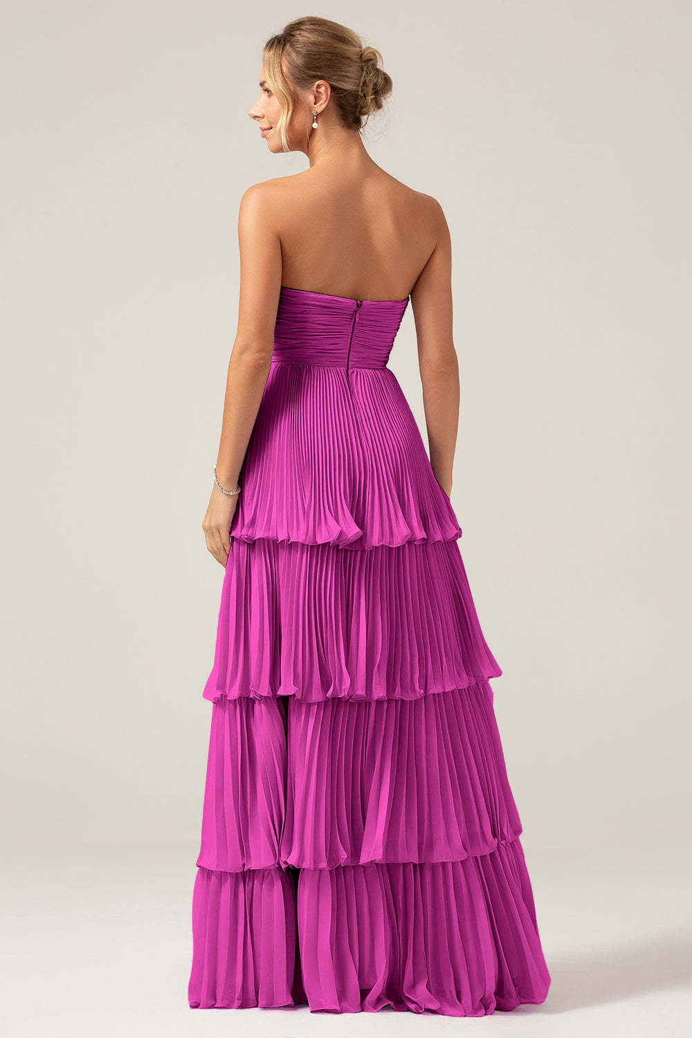 Sky Blue A Line Strapless Pleated Tiered Bridesmaid Dress