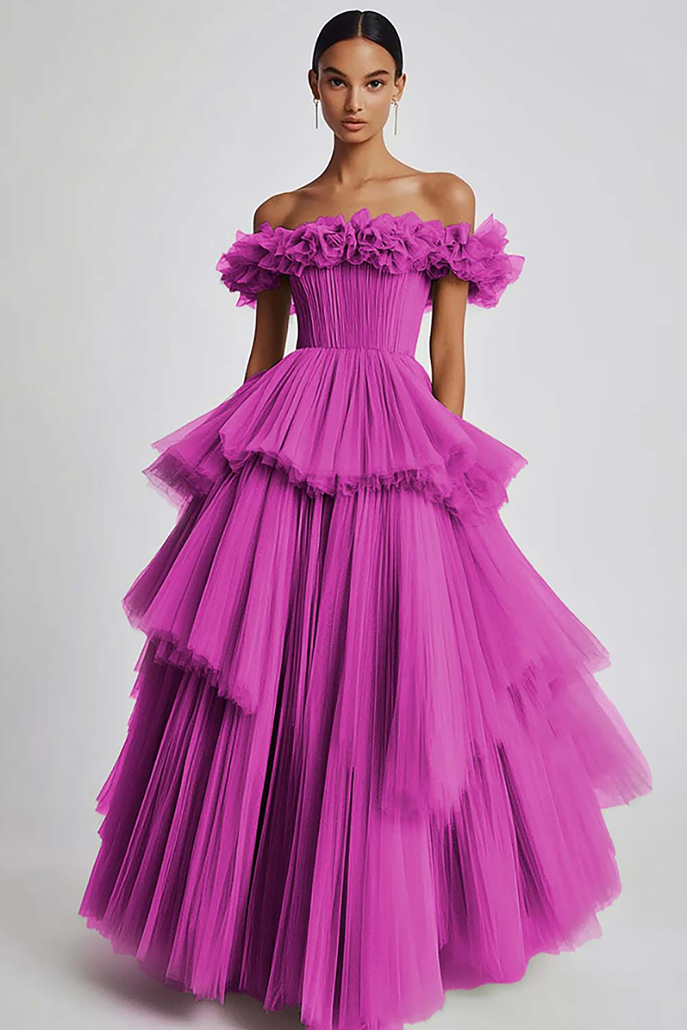 Dusty Sage Ball Gown Tulle Tiered Long Formal Dress with Ruffles