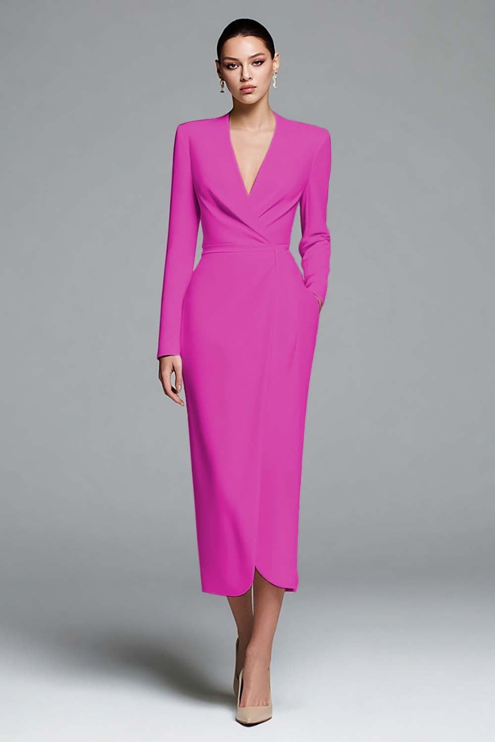 Simple Ivory Satin Sheath V-Neck Long Sleeves Work Dress