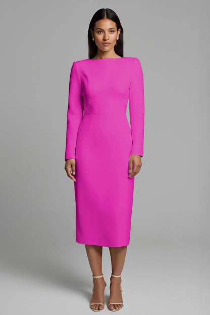 Simple Pencil Ivory Plus Size Bateau Neck Midi Work Dress with Slit