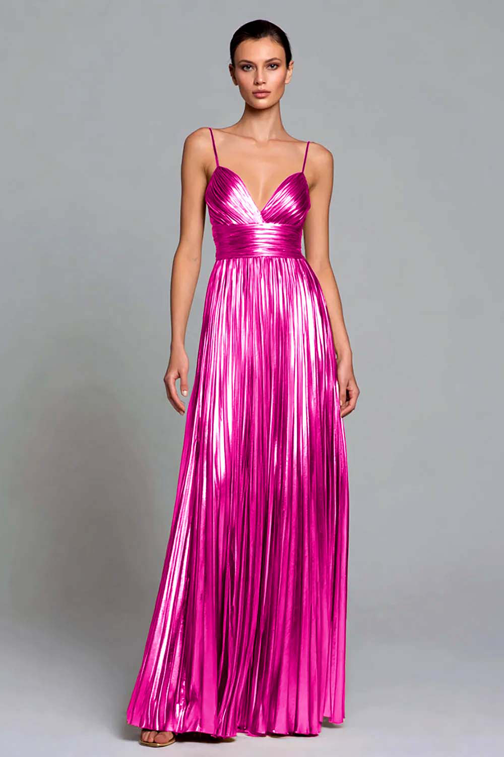 Gold Metallic A Line Pleated Spaghetti Straps Maxi Formal Dress