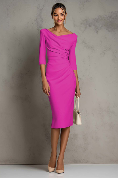 Simple Ivory Ruched Pencil Midi Work Dress with Slit