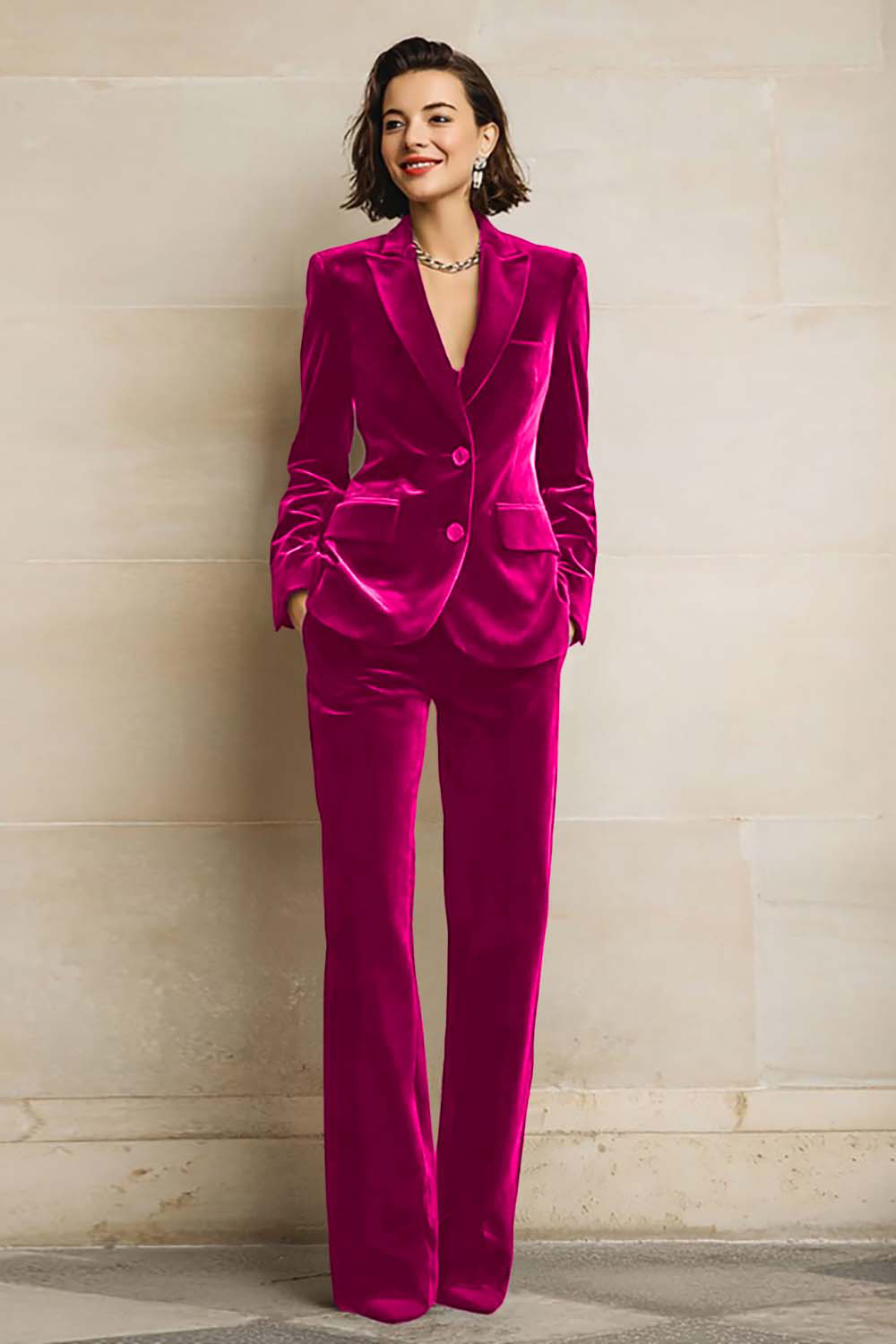 Plum Peak Lapel Velvet 2 Piece Prom Suits with Pockets