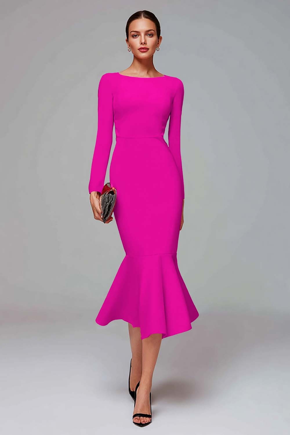 Elegant Midi Red Mermaid Long Sleeves Work Dress