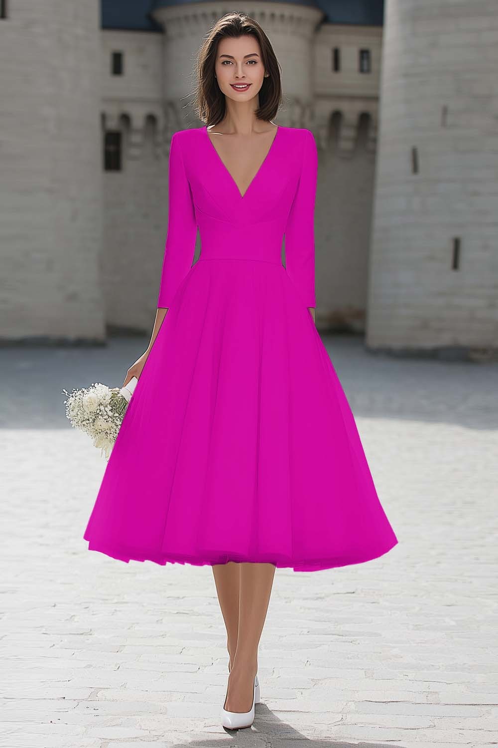 Ivory V-Neck A Line Midi Simple Wedding Dress with Sleeves