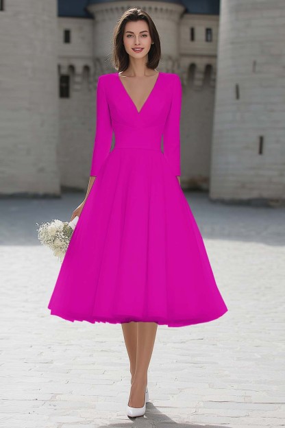 Ivory V-Neck A Line Midi Simple Wedding Dress with Sleeves