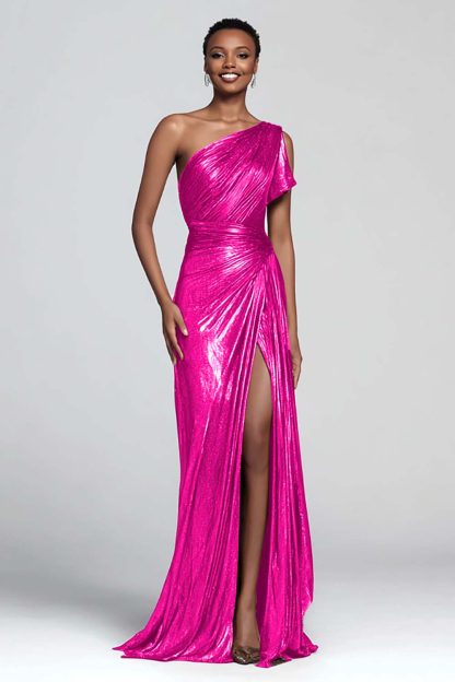 Brown Metallic One Shoulder Mermaid Long Formal Dress with Slit