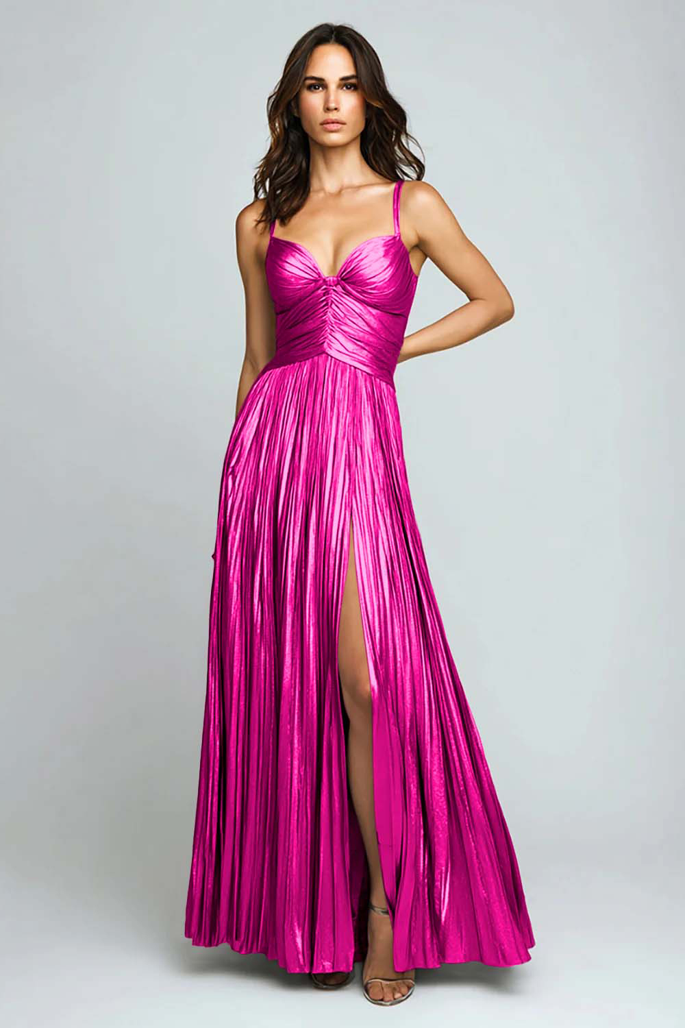 Silver Pleated Metallic Spaghetti Straps Long Formal Dress with Slit