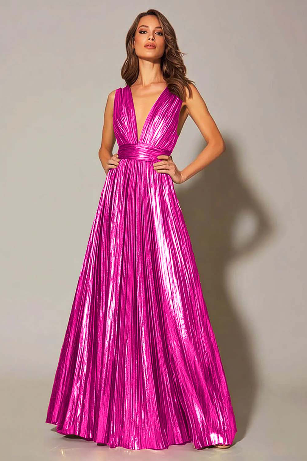 Gold Metallic Pleated V-Neck A-Line Long Formal Dress
