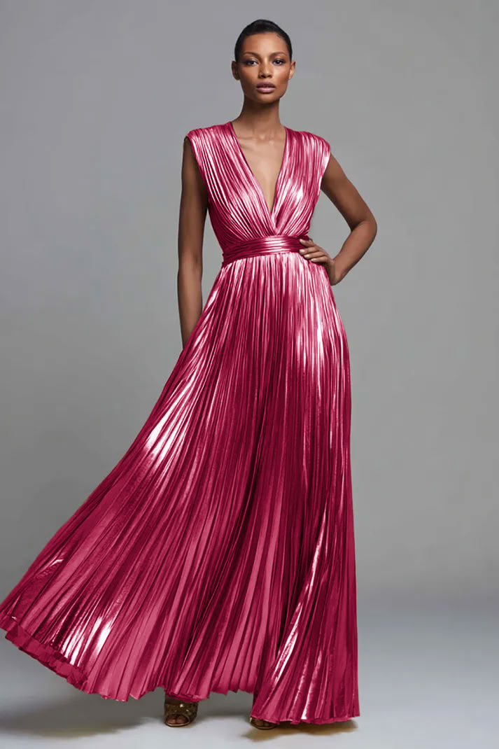 Gold V-Neck A Line Metallic High Waist Pleated Long Formal Dress
