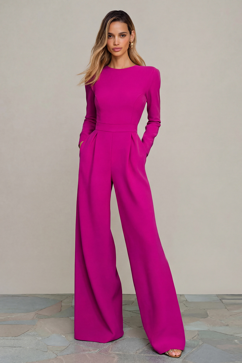 Black Crew Neck Open Back Formal Jumpsuits with Sleeves