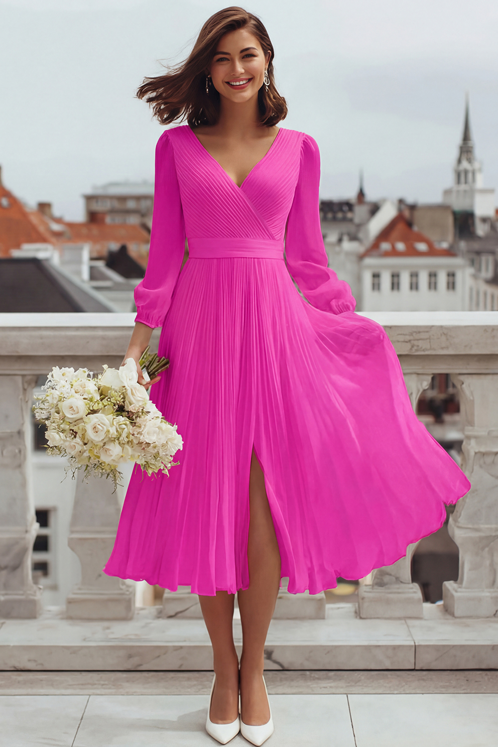 Ivory V-Neck A Line Midi Engagement Dress with Slit