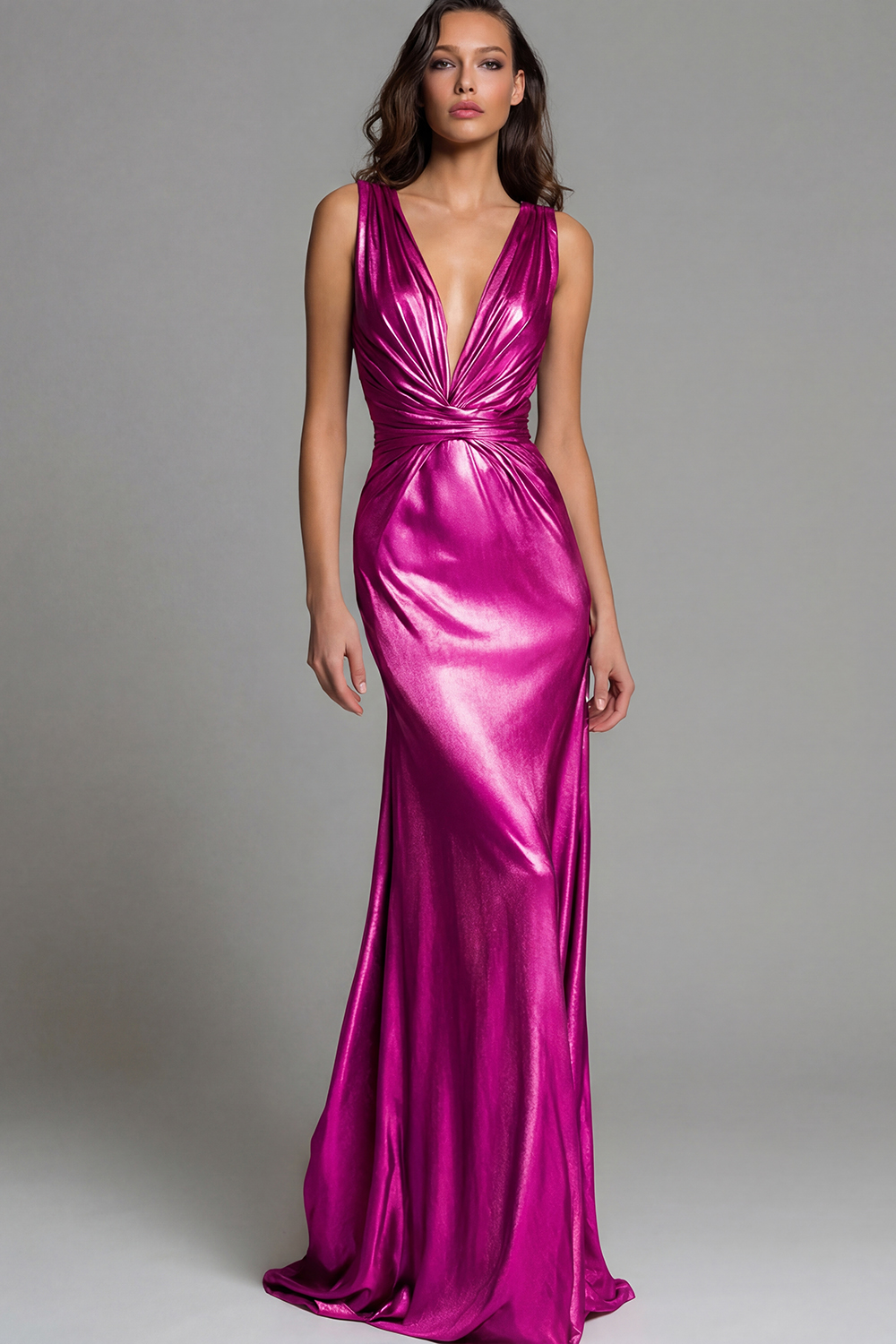 Leely Women Gold Mermaid Metallic Long Formal Dress Ruched Deep V-Neck Holiday Party Dress