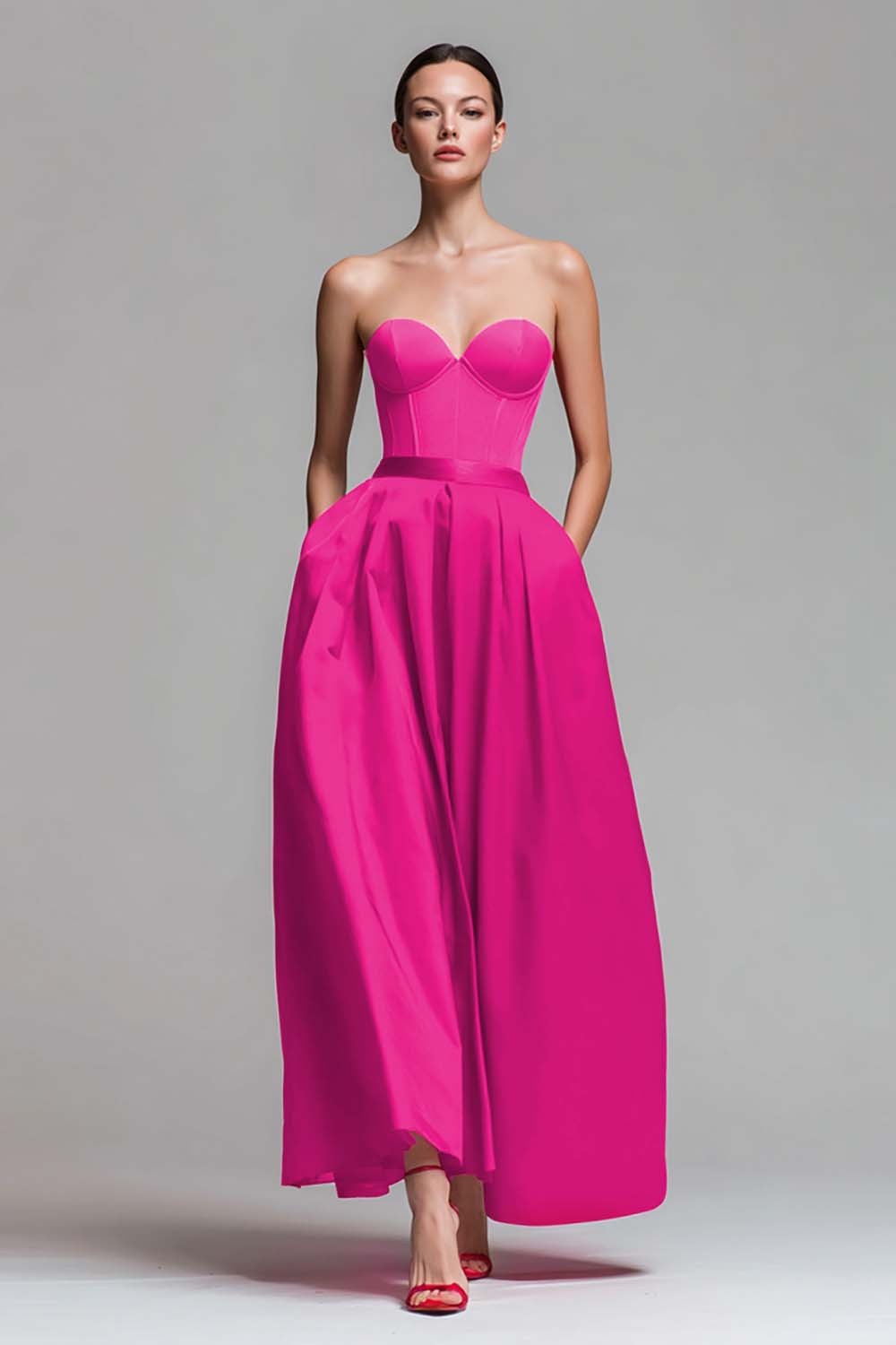 Leely Women Red and Fuchsia Satin Maxi Formal Dress Corset A Line Strapless Party Dress
