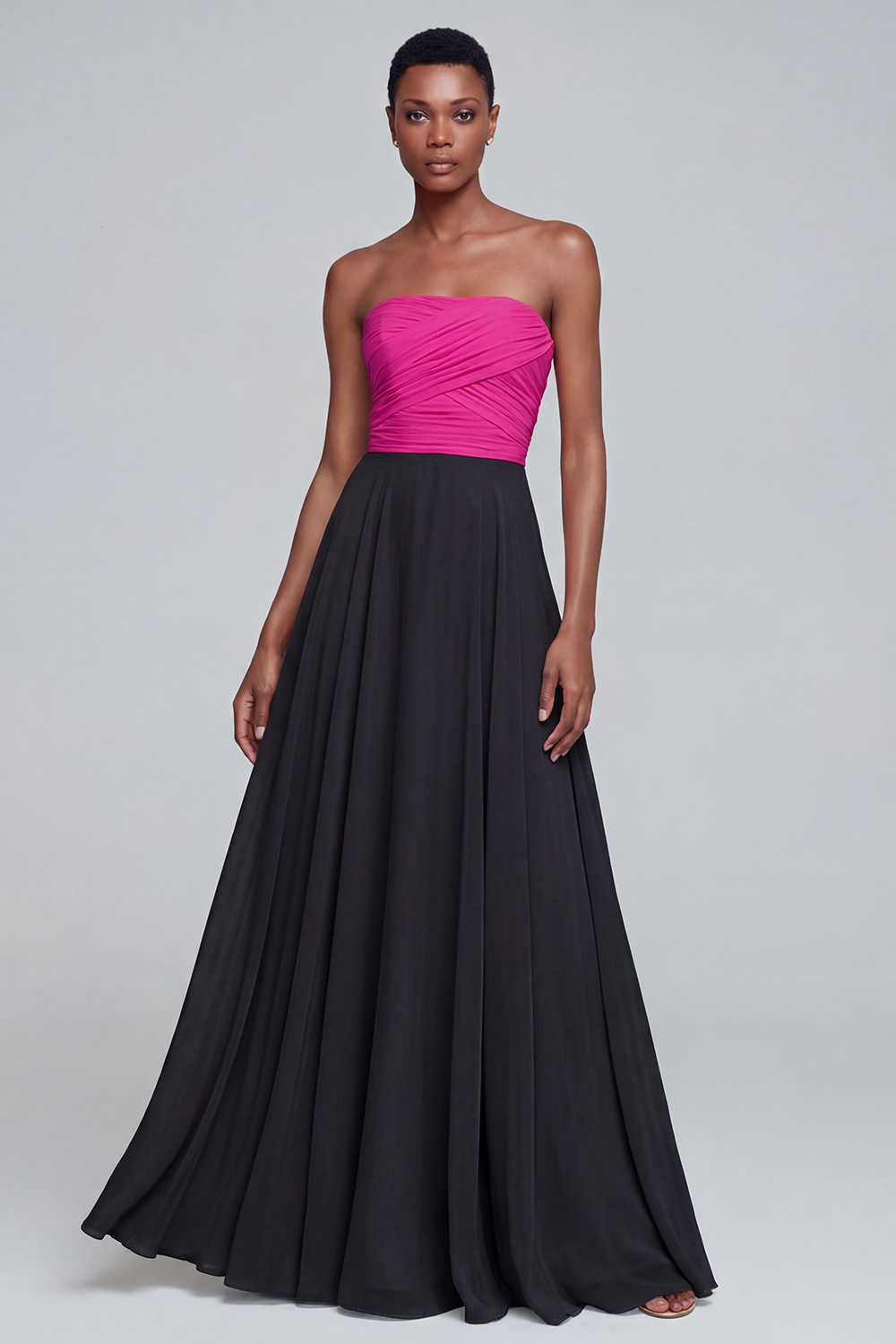 A Line Pink Strapless Ruched Long Formal Dress