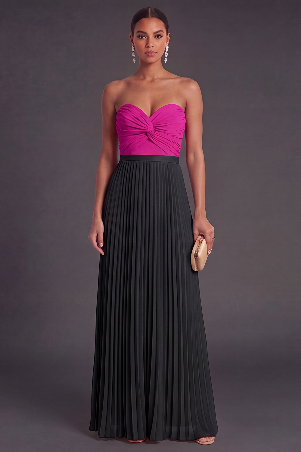 Pink and Orange Front Twisted Sweetheart Pleated Long Formal Dress