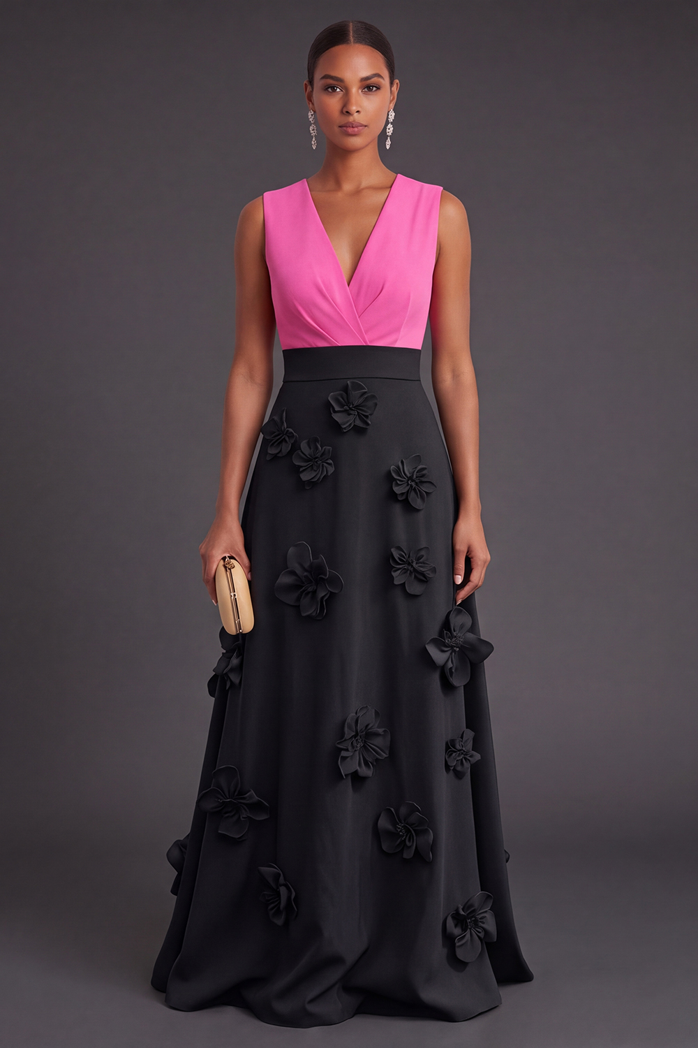 Leely Women Fuchsia and Black Floral Long Black Tie Dress Ruched A Line V-Neck Fall Wedding Guest Dress