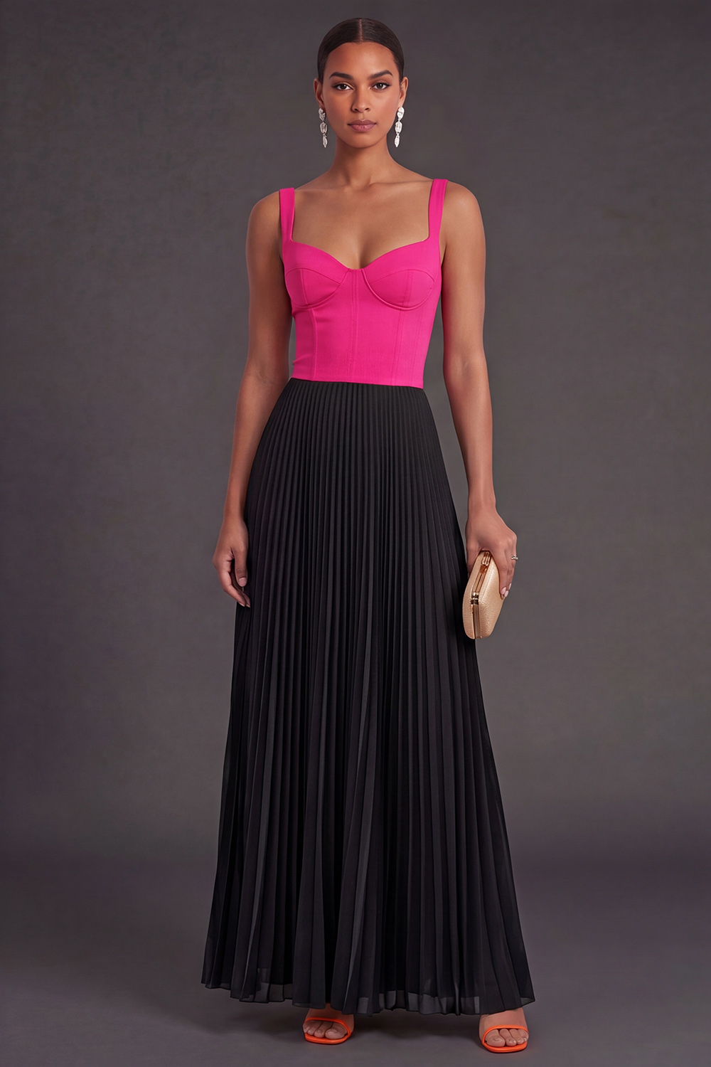 Orange and Fuchsia A Line Pleated Long Formal Dress