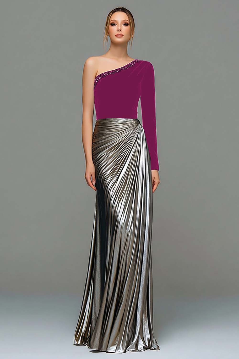 Metallic Black and Grey One Shoulder Velvet Long Holiday Party Dress