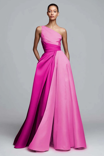 Pink Satin One Shoulder A Line Maxi Formal Dress