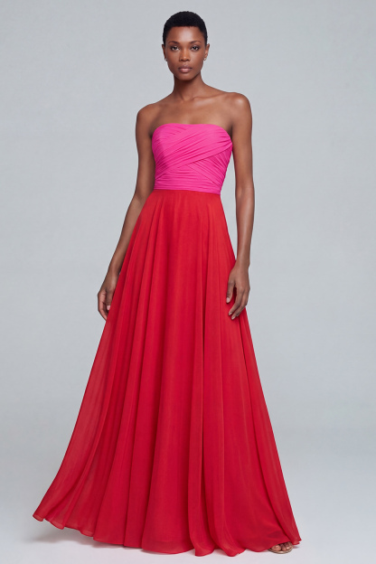 A Line Pink Strapless Ruched Long Formal Dress