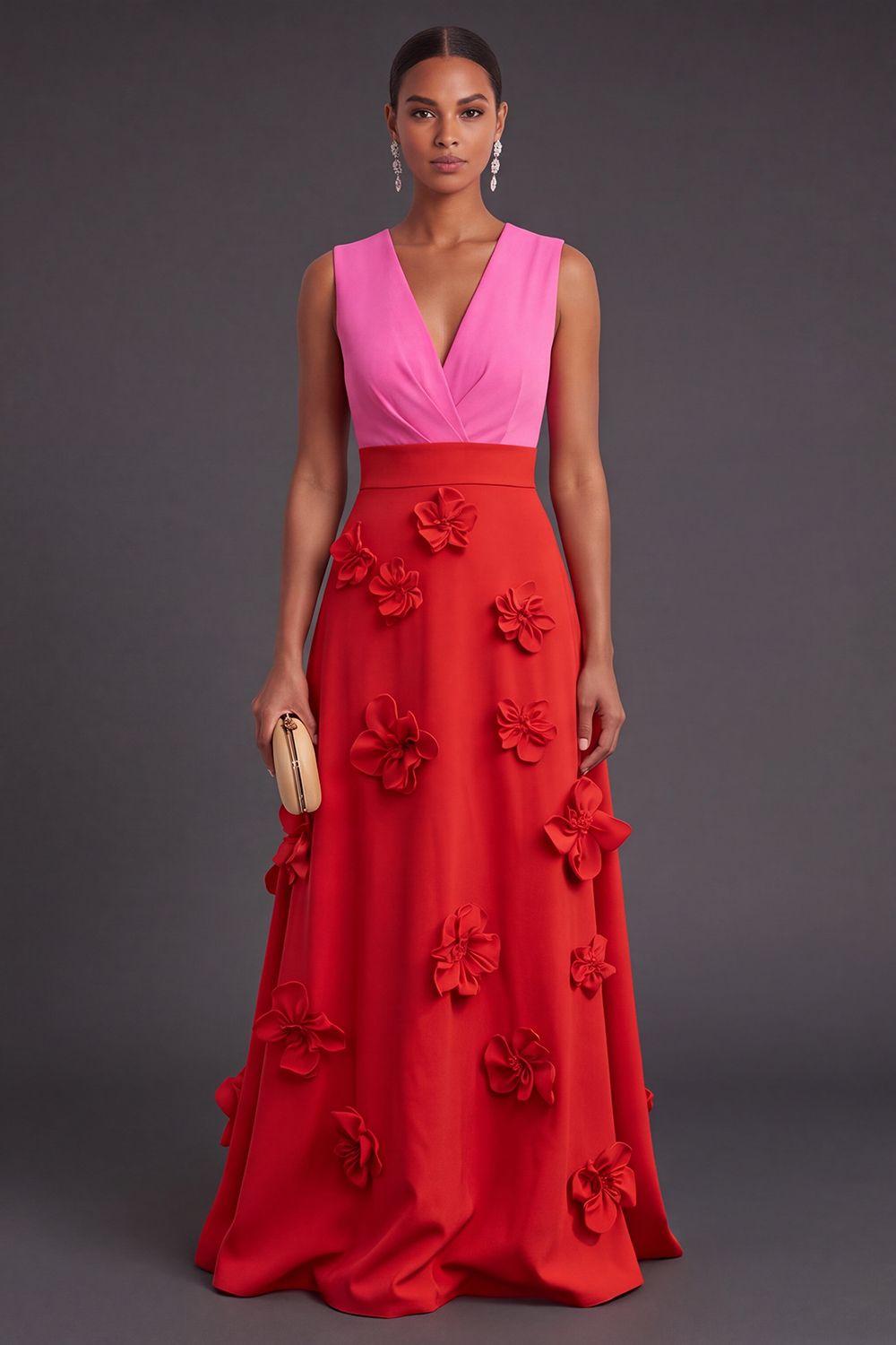 Leely Women Fuchsia and Red Floral Long Black Tie Dress Ruched A Line V-Neck Fall Wedding Guest Dress