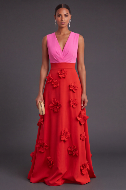 Leely Women Fuchsia and Red Floral Long Black Tie Dress Ruched A Line V-Neck Fall Wedding Guest Dress