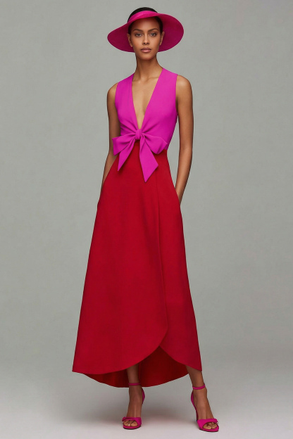 Orange and Fuchsia Deep V-Neck Maxi Formal Dress with Bow