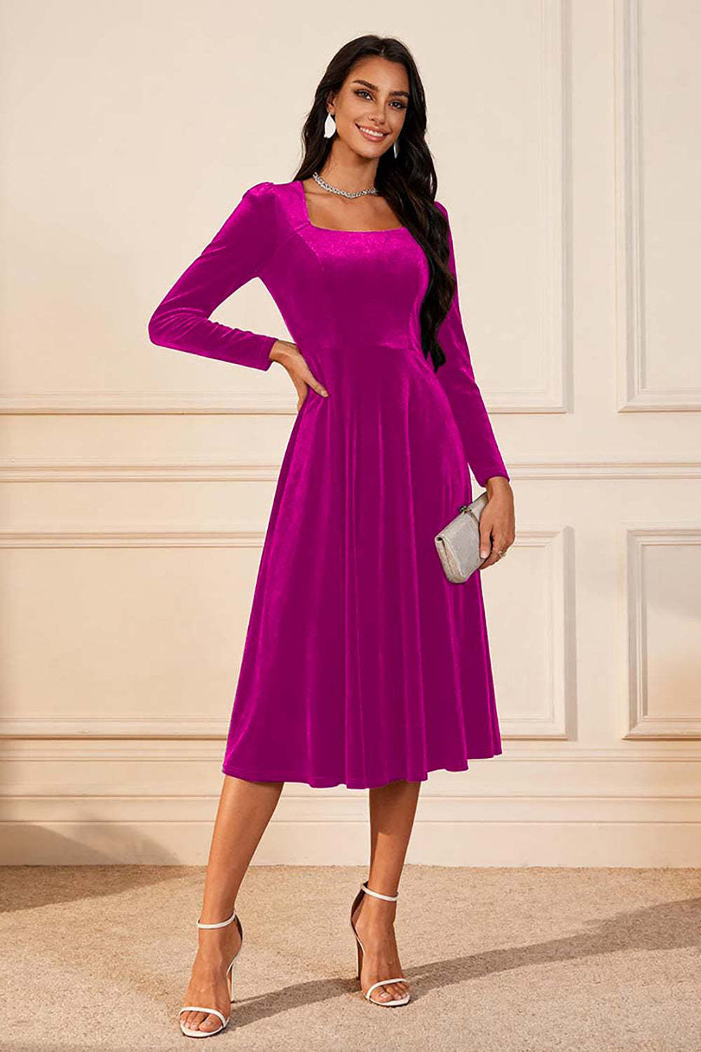 Dark Green Velvet A Line Midi Glitter Holiday Party Dress with Sleeves