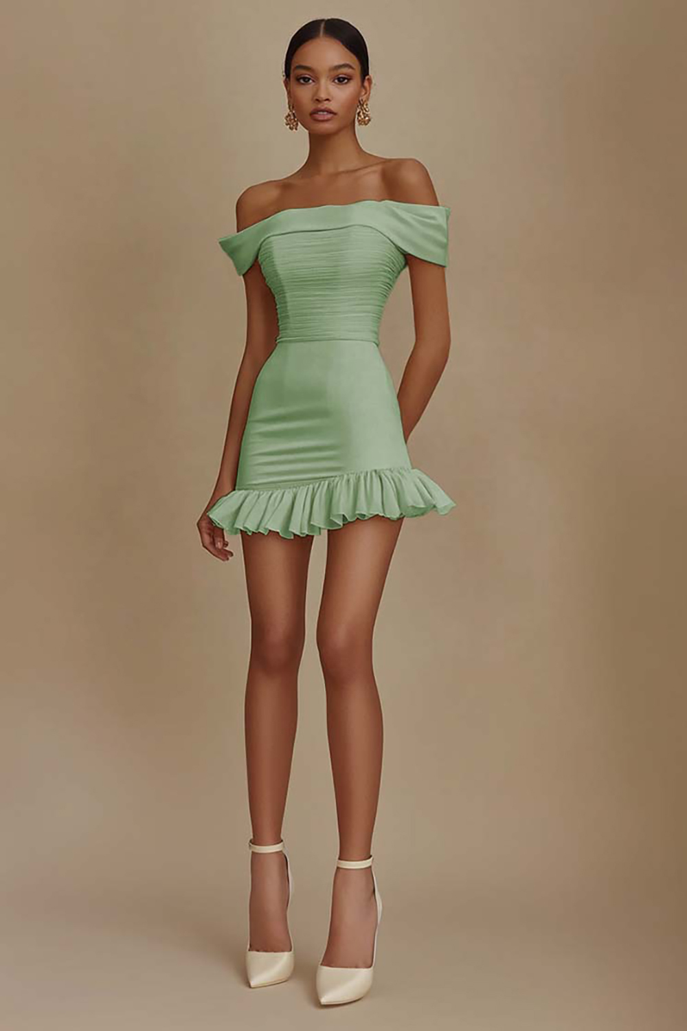 White Bodycon Satin Off The Shoulder Graduation Dress with Ruffles