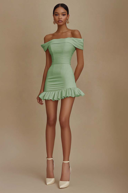 White Bodycon Satin Off The Shoulder Graduation Dress with Ruffles
