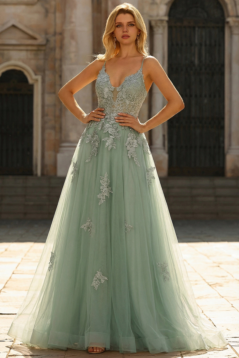Spaghetti Straps A Line Green Long Prom Dress with Criss Cross Back