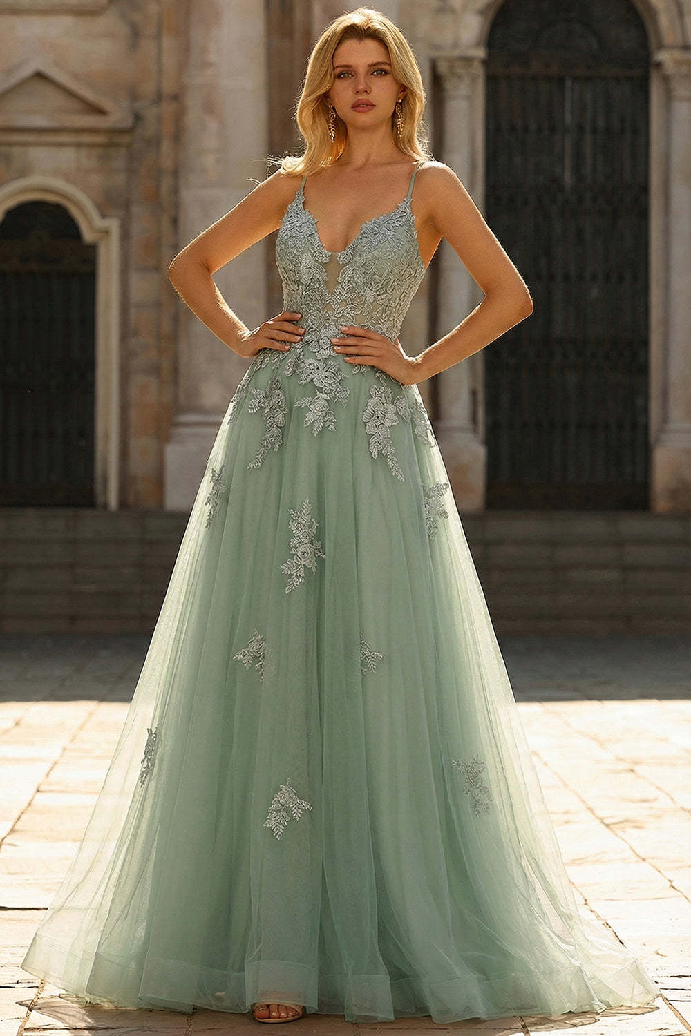 Long Leely Women Green Prom Dress Spaghetti Straps A Line Formal Dress with Criss Cross Back