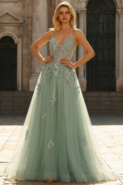 Long Leely Women Green Prom Dress Spaghetti Straps A Line Formal Dress with Criss Cross Back
