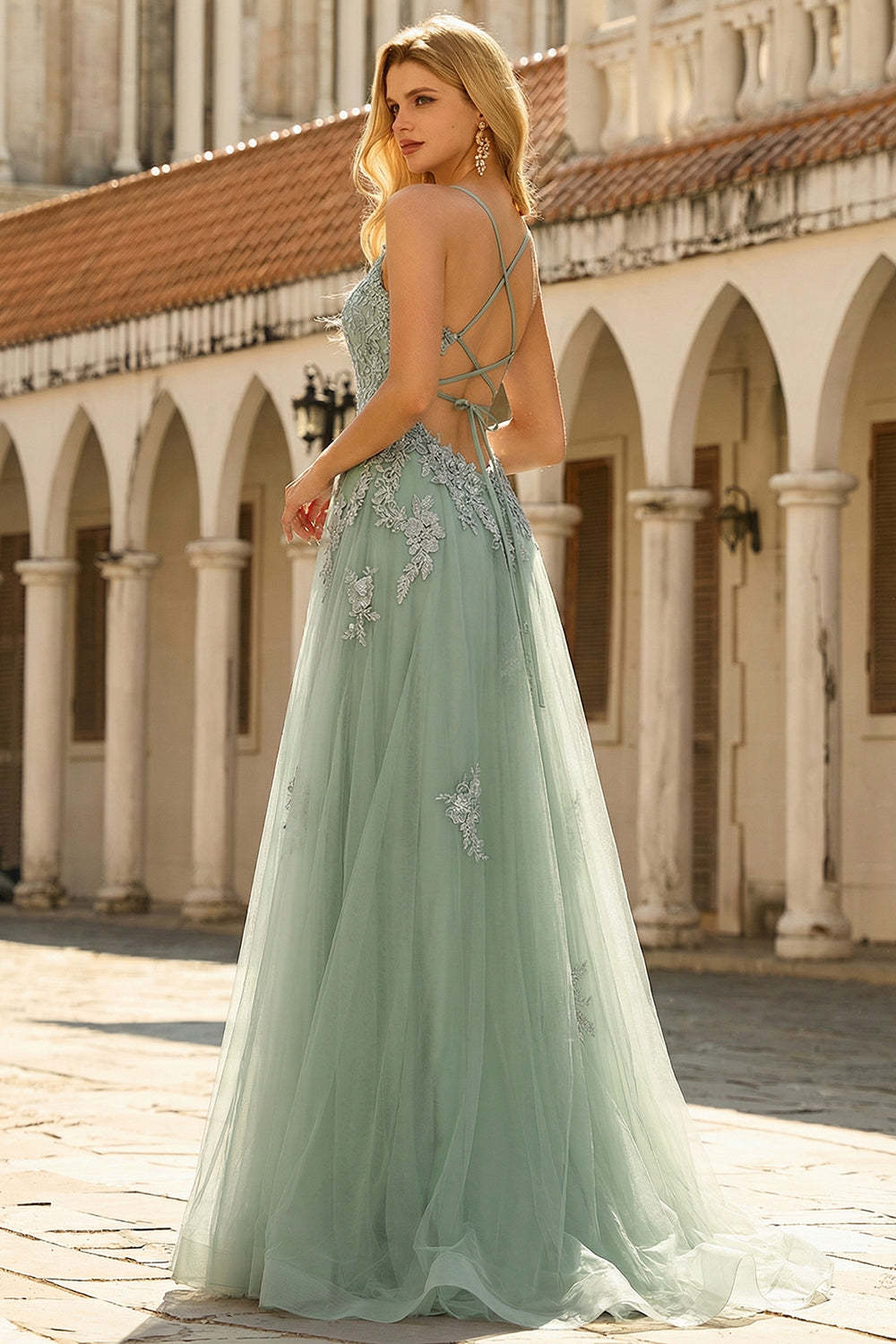 Spaghetti Straps A Line Green Long Prom Dress with Criss Cross Back