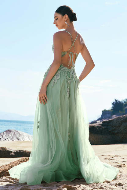 Green A Line Spaghetti Straps Applique Tulle Prom Dress with Slit