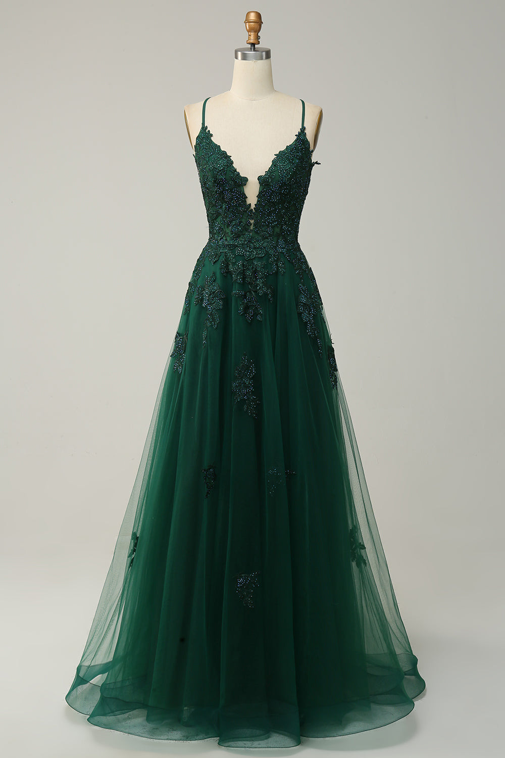 Spaghetti Straps A Line Green Long Prom Dress with Criss Cross Back