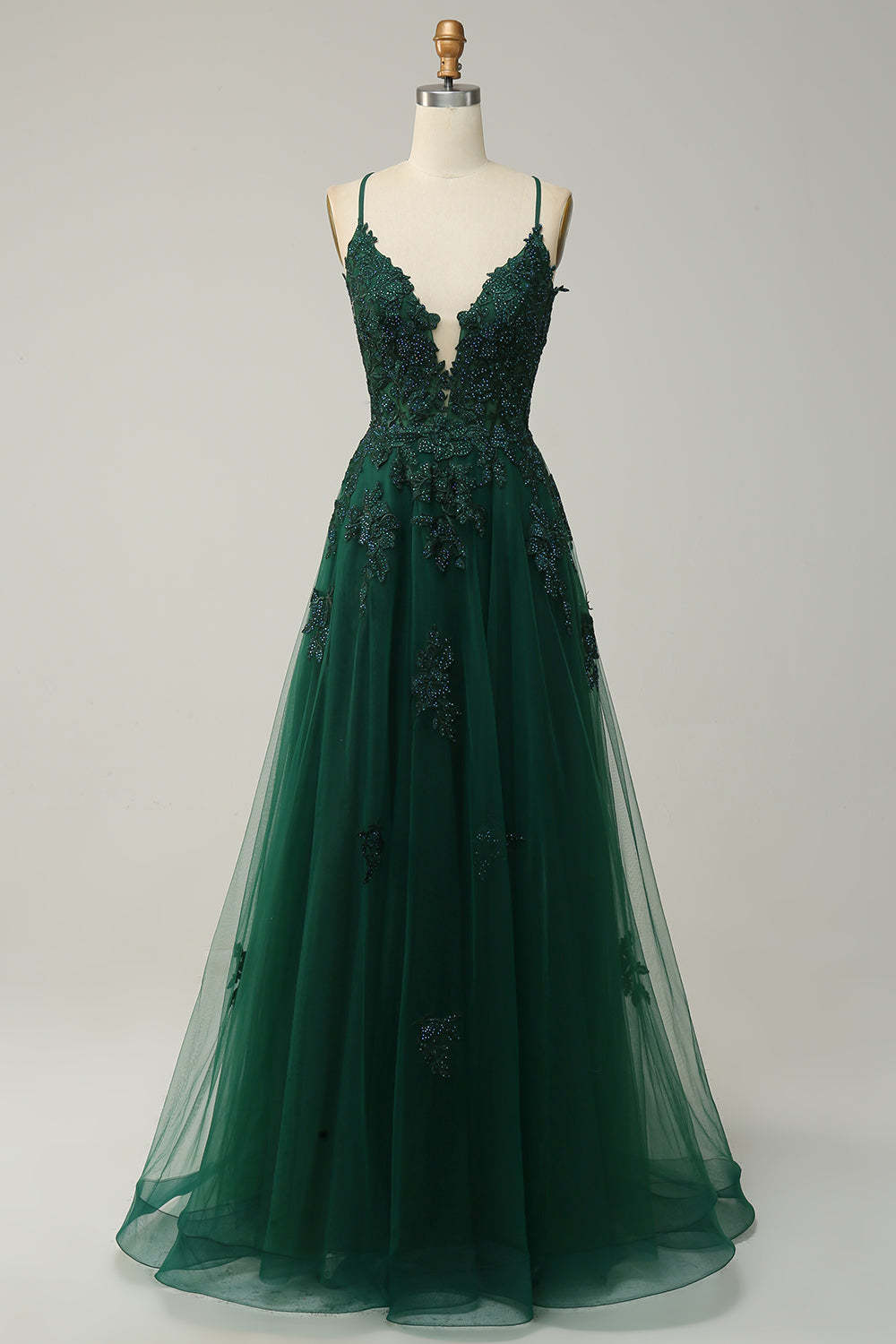 Spaghetti Straps A Line Green Long Prom Dress with Criss Cross Back